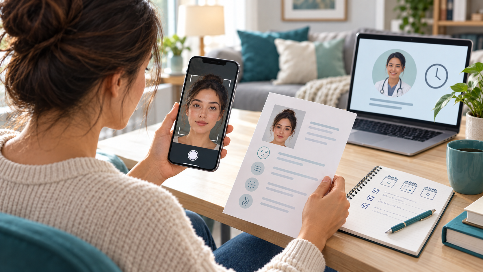 A woman at home holds a smartphone and report beside symptom notes and a laptop showing an upcoming clinician appointment.
