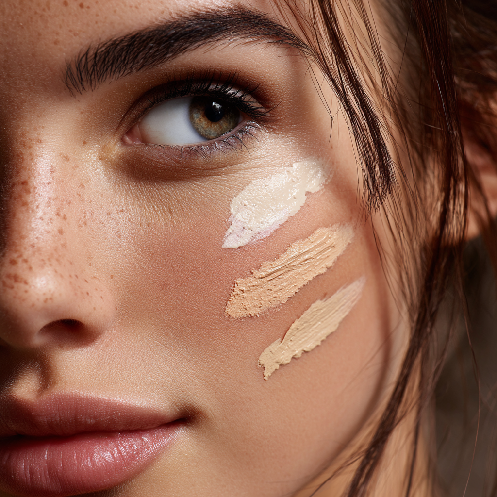 Makeup shades for fair, medium, and dark skin tones including foundation, blush, eyeshadow, and lipstick