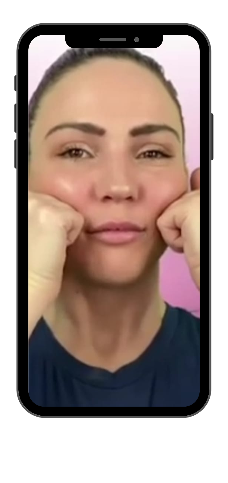 Model performing face yoga.