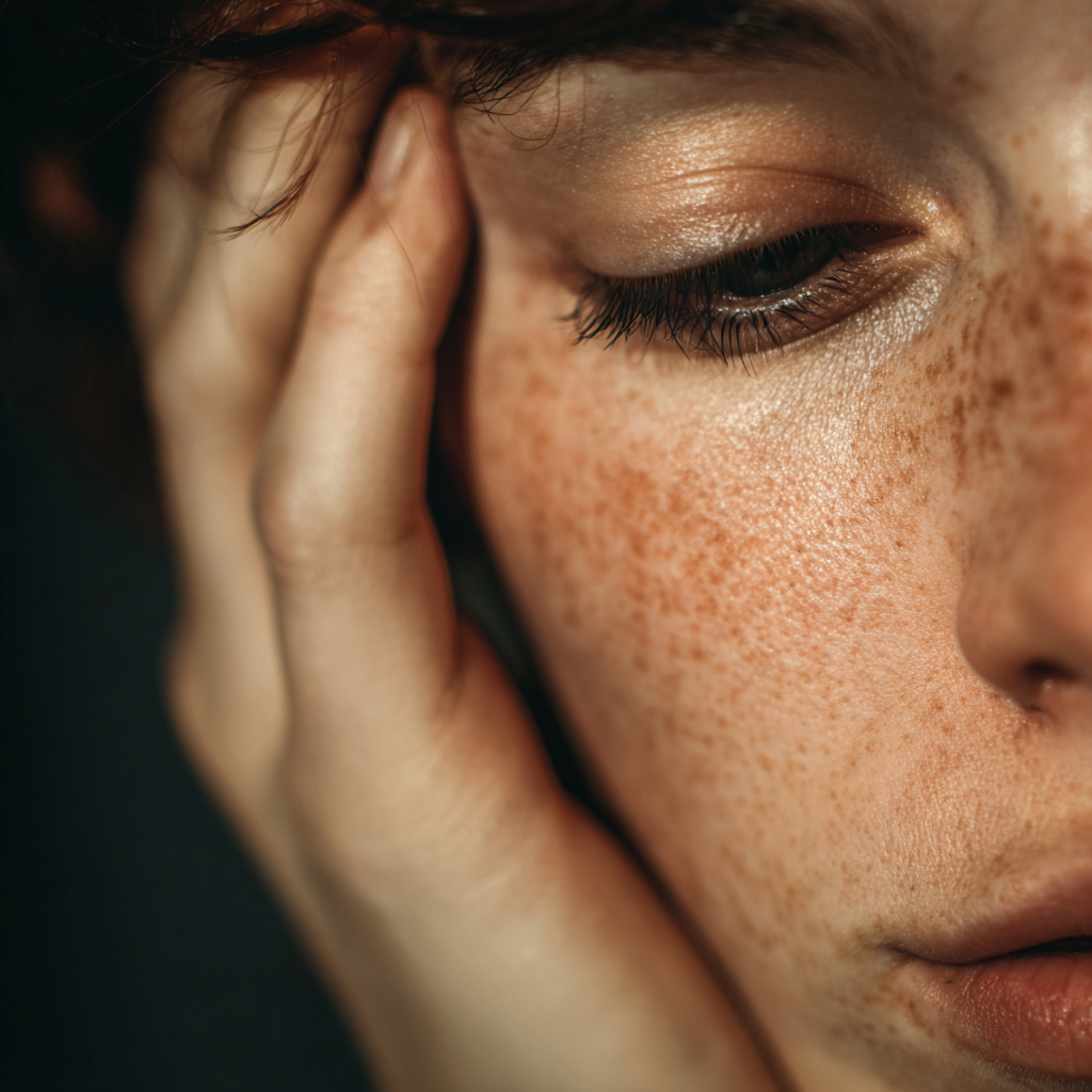 Close-up of a stressed woman with acne and tired, dull skin—illustrating how stress affects skin appearance.