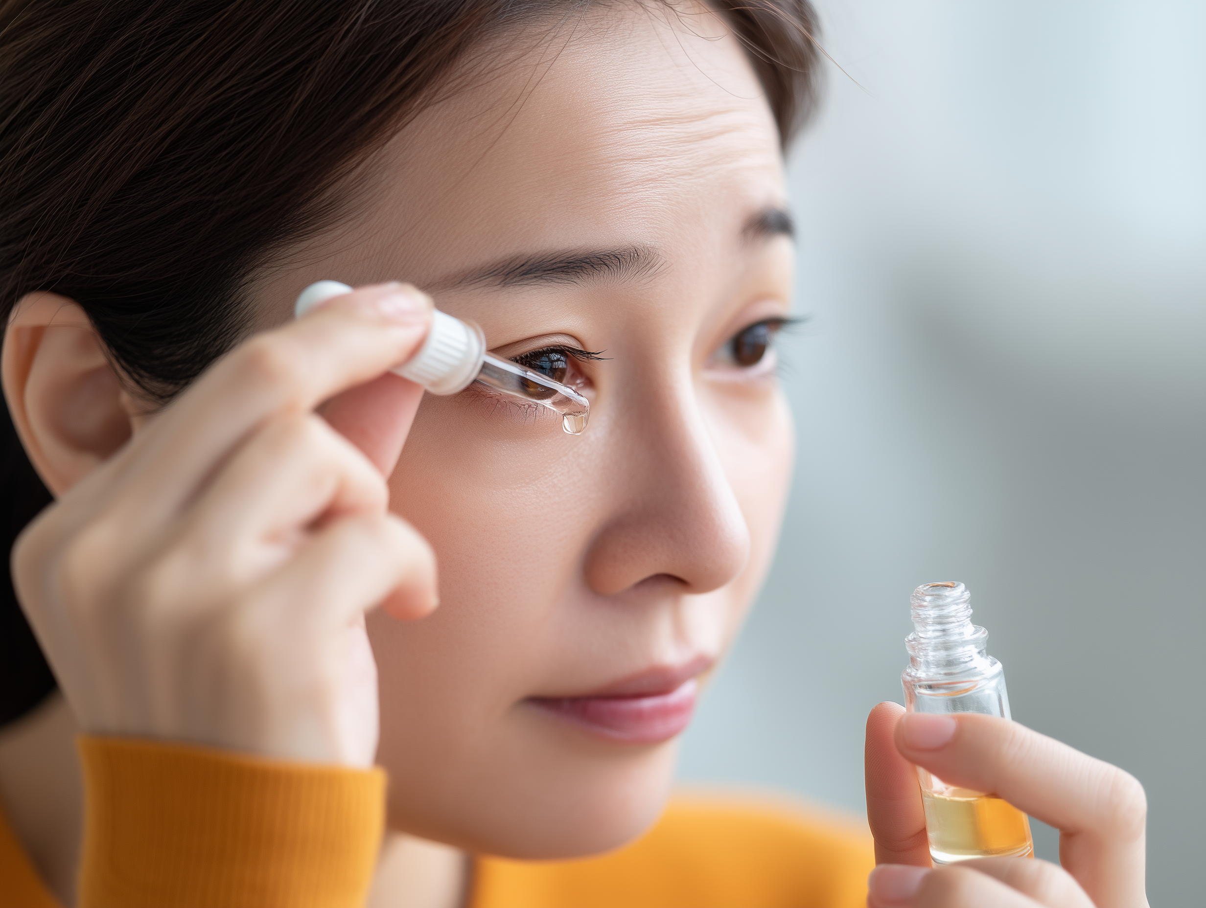 Woman applying under-eye cream to reduce dark circles and brighten skin.