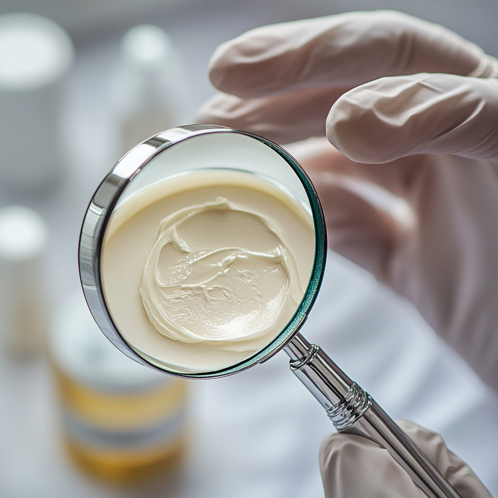 Inspecting skincare ingredients in a moisturizer for oily skin with magnifying glass