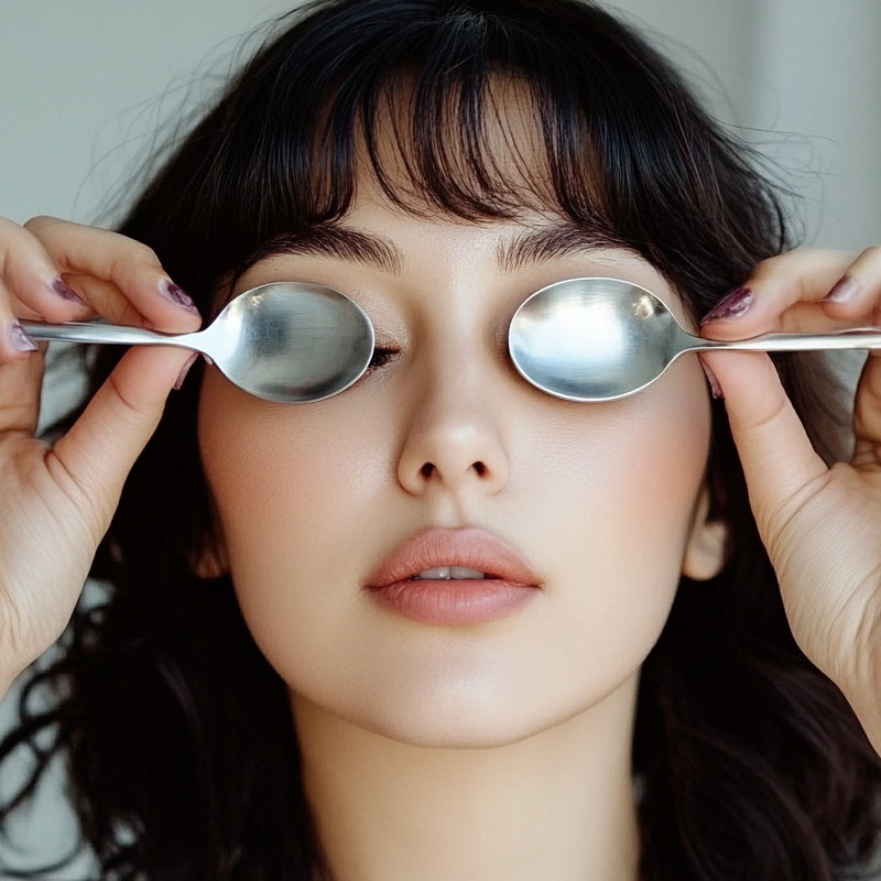 Using cold spoon under the eyes to minimize dark circles and puffiness.