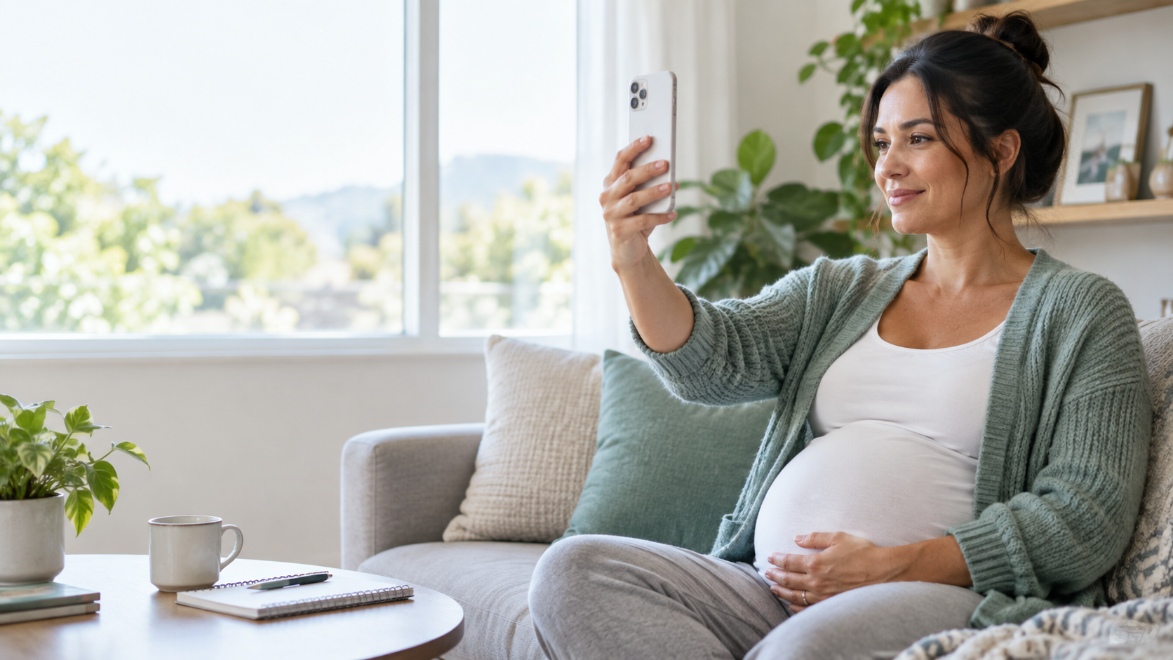 Pregnant patient completing a guided visual check-in on her smartphone