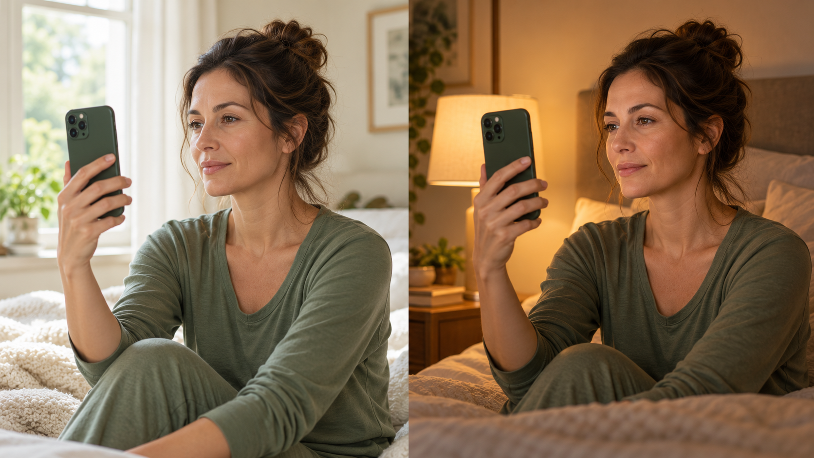 Woman holding a smartphone for facial observations in the morning and evening.