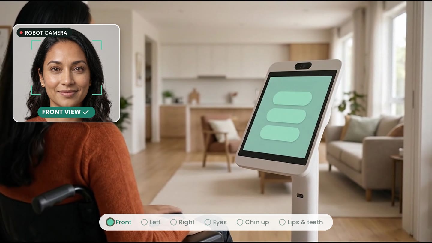 The robot camera scanning a resident’s face from the front while she stays in her wheelchair