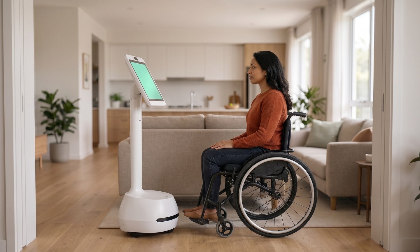 A resident in a wheelchair taking her weekly FaceEcho check-in with a care robot