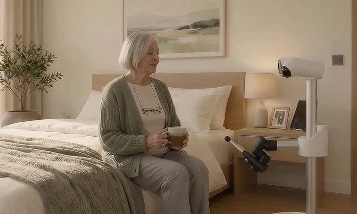 Senior resident sitting on her bed while the FaceEcho care robot runs her weekly check-in