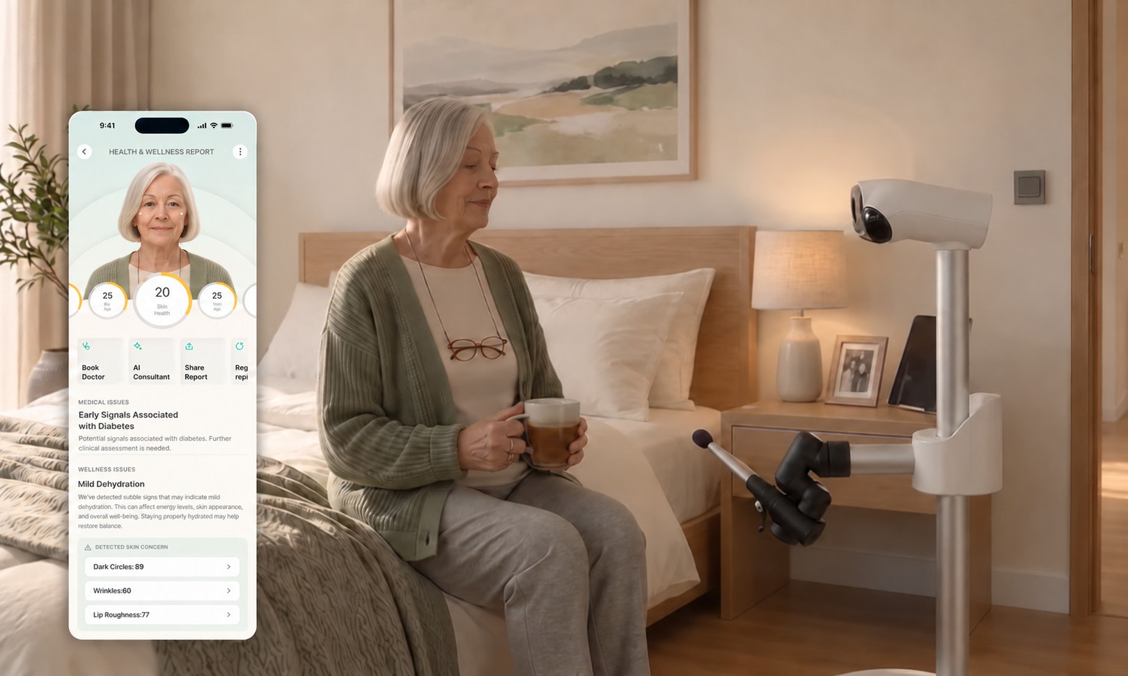 Senior resident with the FaceEcho care robot beside her health and beauty report