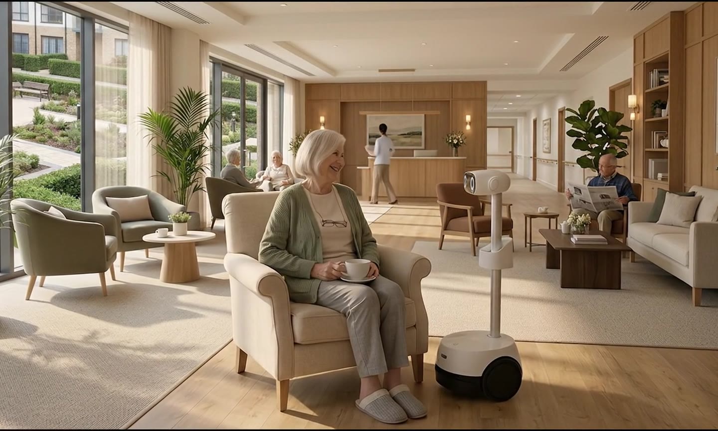 Senior resident in a senior living lounge while the FaceEcho robot arrives for her weekly check-in