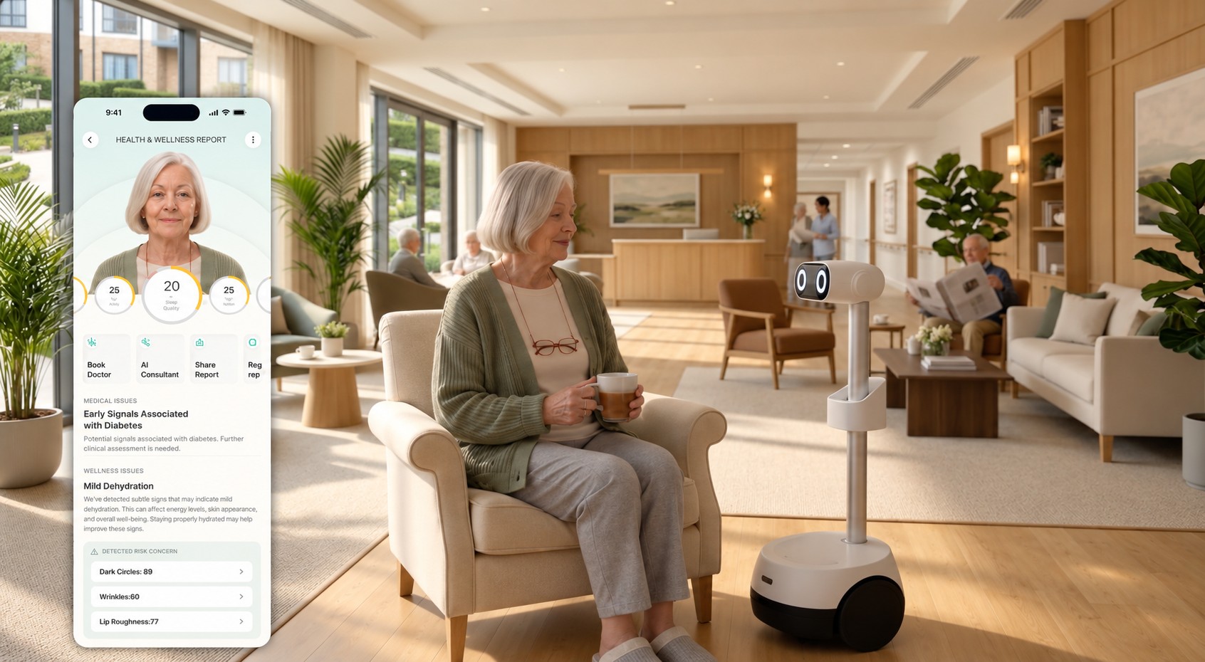Senior resident in a senior living lounge with the FaceEcho robot, beside her FaceEcho health and wellness report