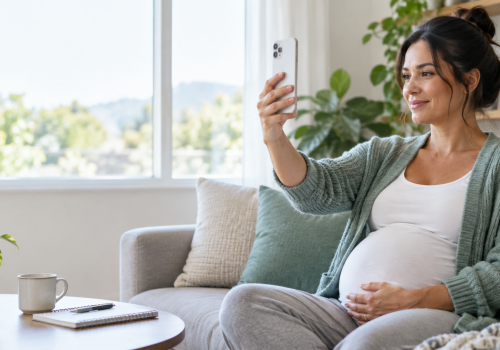 Pregnant patient completing a guided visual check-in on her smartphone