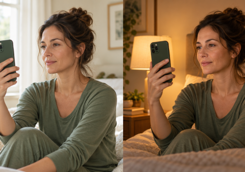 Woman holding a smartphone for facial observations in the morning and evening.