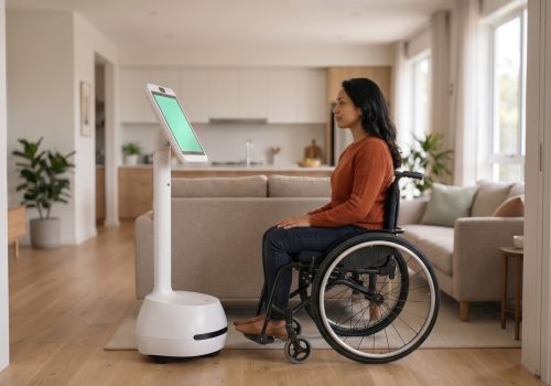 A resident in a wheelchair taking her weekly FaceEcho check-in with a care robot
