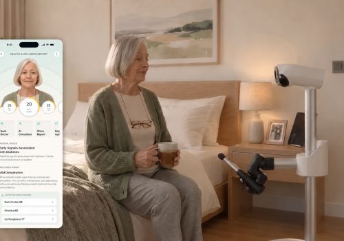 Senior resident with the FaceEcho care robot beside her health and beauty report
