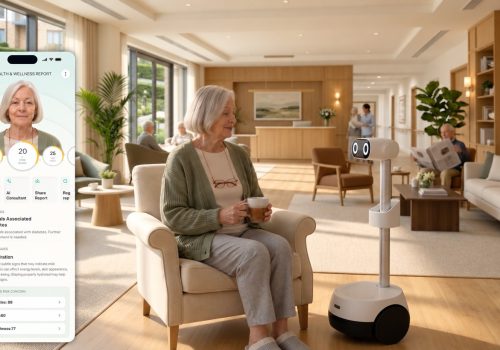 Senior resident in a senior living lounge with the FaceEcho robot, beside her FaceEcho health and wellness report